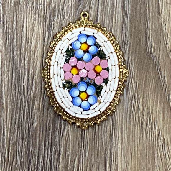 Vintage Jewelry - Vtg Micro Floral Mosaic Oval Pendant Blue Gold Pink Made in Italy